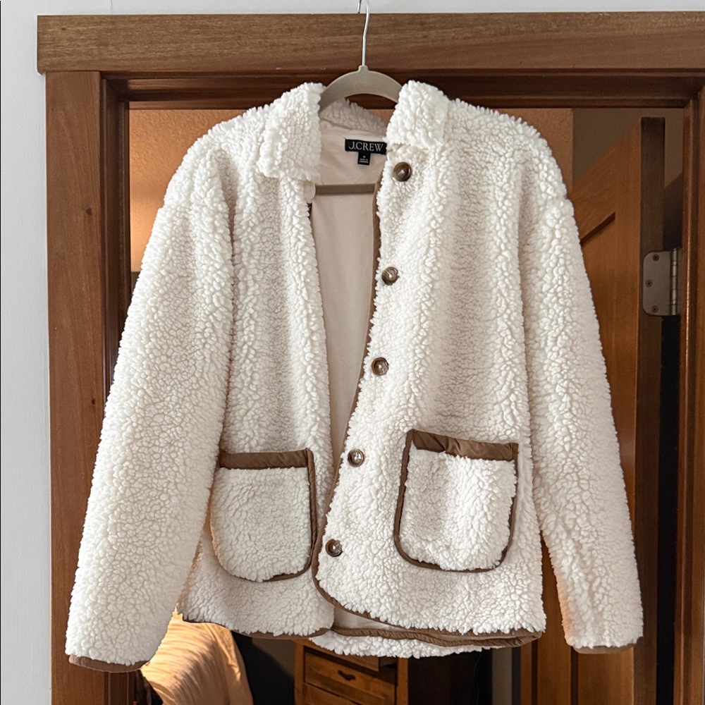 J. Crew White Sherpa Jacket with Brown Trim